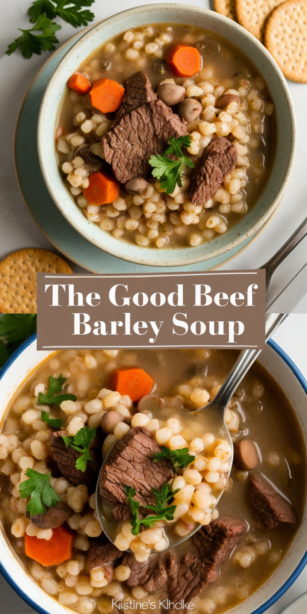 A bowl of hearty beef barley soup filled with tender chunks of beef, vegetables, and pearl barley, garnished with fresh parsley and served with crusty bread.