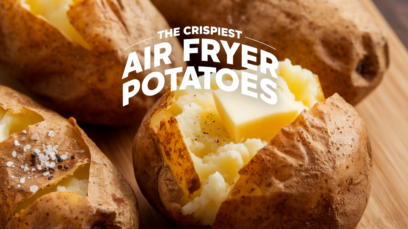 Perfectly crispy Air Fryer baked potato with golden skin and a fluffy interior, topped with melted butter, sour cream, and fresh chives – a quick and delicious side dish from our Crispy Air Fryer Baked Potato Recipe.