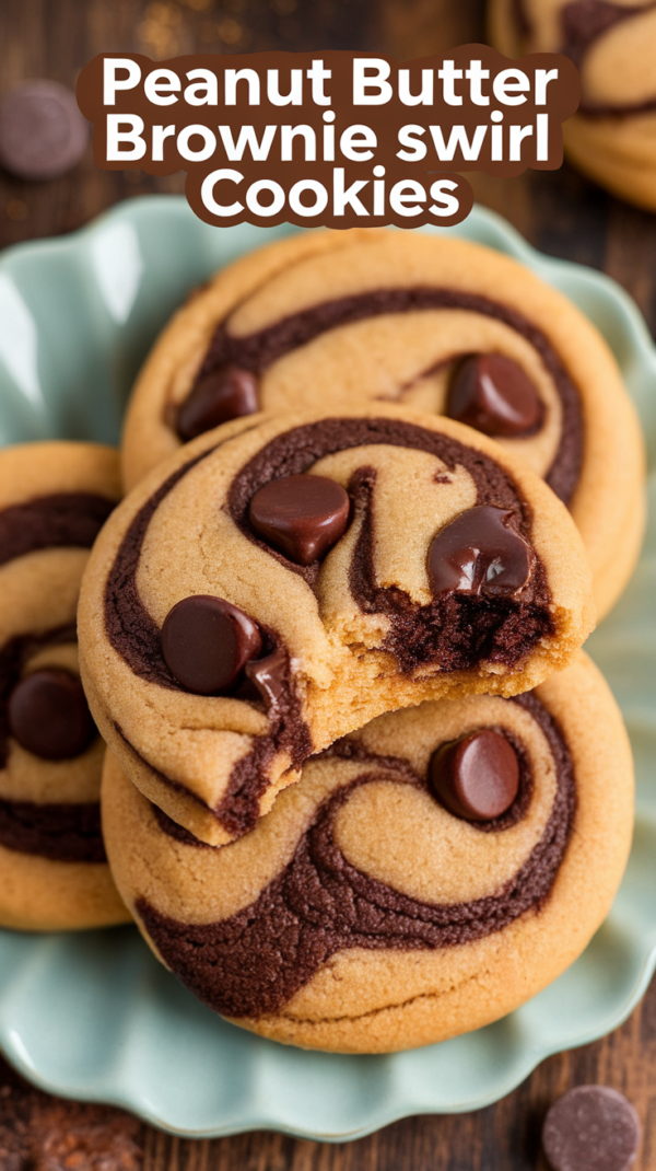 A stack of fudgy peanut butter brownie swirl cookies with a marbled pattern of rich chocolate and creamy peanut butter, served on a plate with a glass of milk in the background.