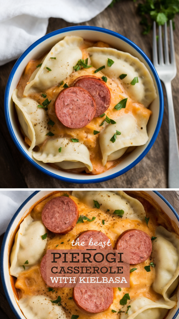 A hearty crockpot pierogi casserole layered with tender pierogies, slices of savory kielbasa, melted cheese, and garnished with fresh parsley.