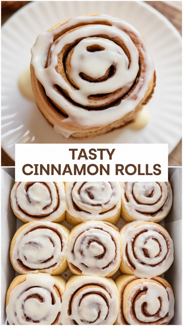 Freshly baked cinnamon rolls with a golden, gooey cinnamon filling, topped with creamy frosting, perfect for a homemade breakfast or dessert.