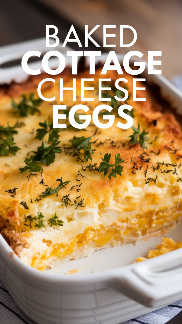 A baking dish filled with golden, fluffy baked cottage cheese eggs, garnished with fresh herbs and served warm.