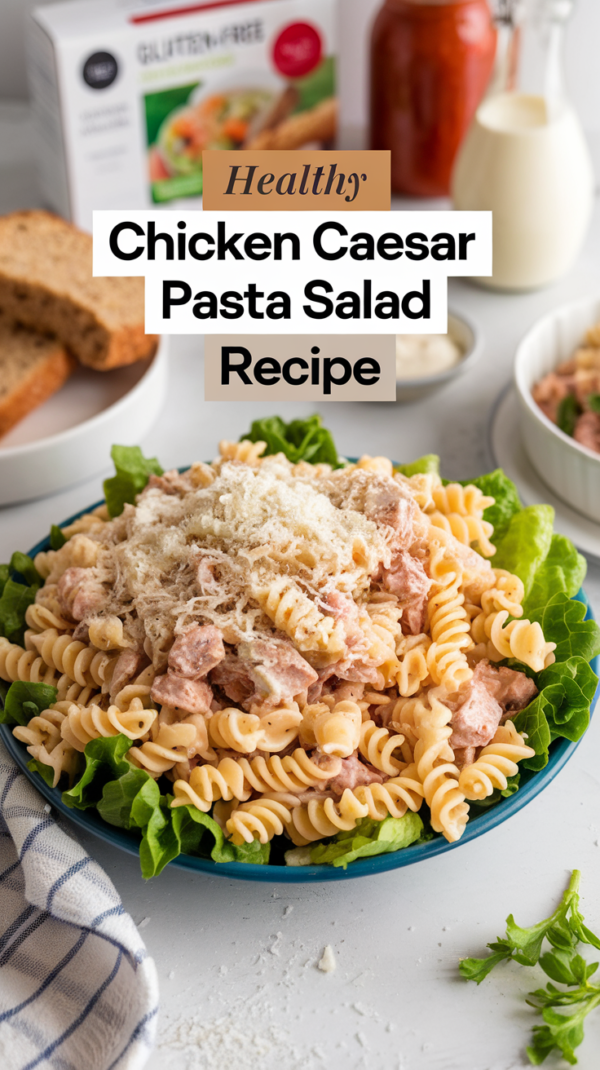 A hearty and flavorful Chicken Caesar Pasta Salad featuring tender pasta, juicy grilled chicken, crisp romaine lettuce, Parmesan cheese, and creamy Caesar dressing – a perfect meal or side dish from our Chicken Caesar Pasta Salad Recipe.