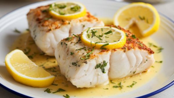 Delicate and flaky Lemon Butter Baked Cod topped with fresh parsley and a slice of lemon, served alongside roasted vegetables – a healthy and flavorful dish from our Lemon Butter Baked Cod Recipe.