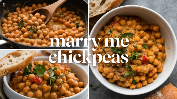 A vibrant, one-pan dish of "Marry Me Chickpeas," featuring golden-brown roasted chickpeas coated in a rich, flavorful sauce with hints of garlic, tomatoes, and spices. The chickpeas are perfectly cooked, slightly crispy on the outside and tender inside, nestled in a pool of creamy, aromatic sauce. Fresh herbs and a light drizzle of olive oil add a finishing touch. The dish is served in a rustic skillet, showcasing a simple yet delicious meal that's both hearty and flavorful. The warm colors and textures of the dish emphasize its comforting, mouth-watering appeal.