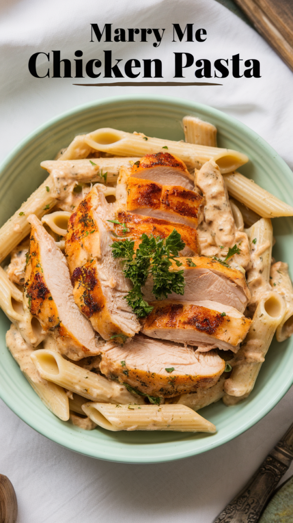 A creamy and flavorful Marry Me Chicken Pasta dish served in a white bowl, featuring tender chicken, sun-dried tomatoes, and parmesan sauce over pasta. A romantic and easy-to-make dinner recipe.