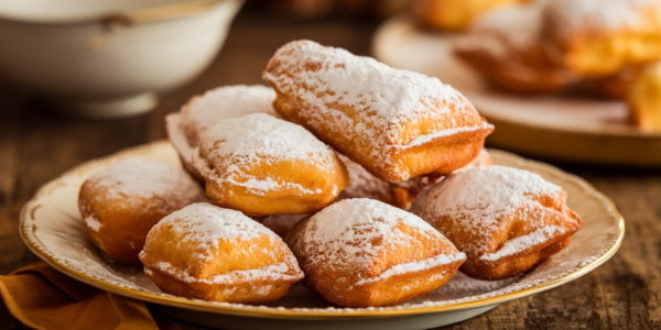 Golden-brown vanilla French beignets dusted with powdered sugar, stacked on a plate, with a cup of coffee in the background.