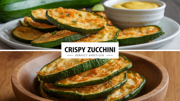 Golden and crispy Parmesan zucchini sticks, perfectly seasoned and baked to crunchy perfection, served with a side of marinara sauce – a healthy and delicious snack from our Crispy Parmesan Zucchini Recipe.