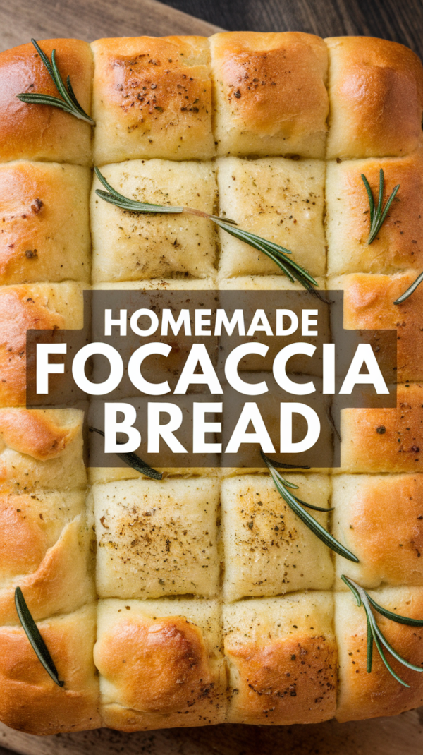 Freshly baked focaccia bread with a golden, crispy crust, topped with rosemary, olive oil, and sea salt – perfect for dipping or serving with your favorite meals.