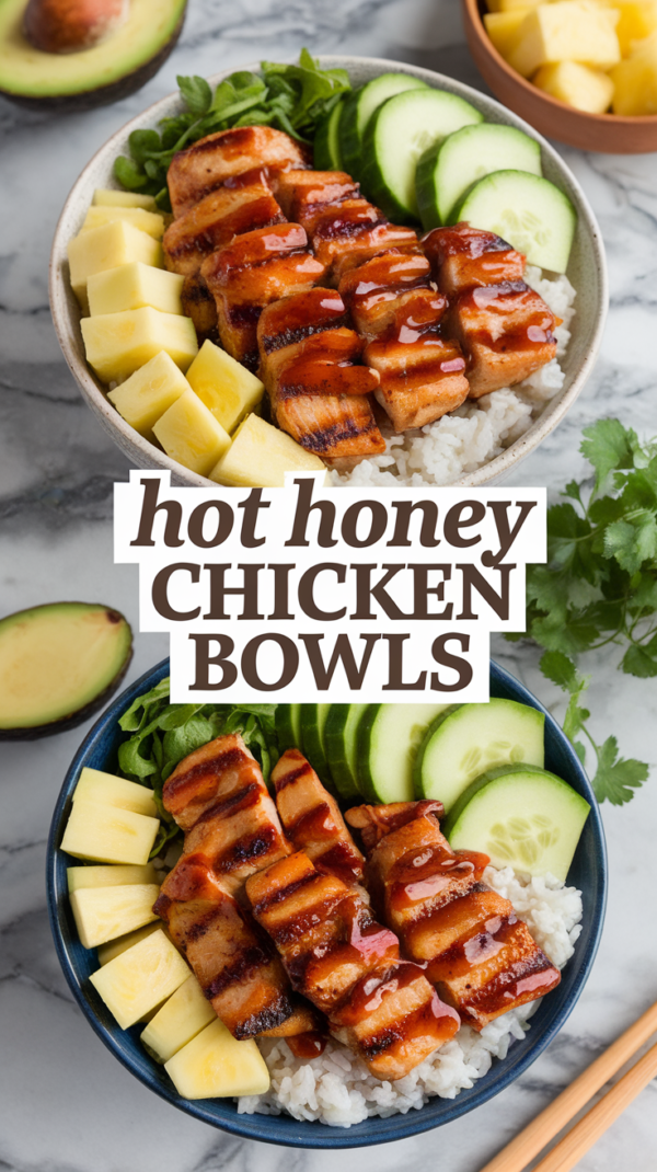 Delicious Hot Honey Chicken Bowls featuring juicy chicken drizzled with a sweet and spicy hot honey sauce, served over a bed of rice and fresh veggies – the perfect balance of flavors in every bite.