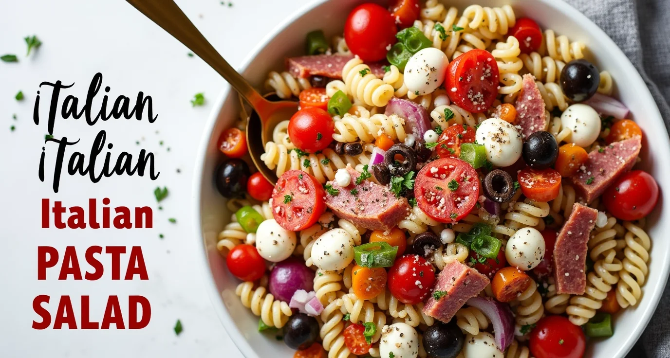 A colorful bowl of Italian Dressing Pasta Salad, featuring rotini pasta, cherry tomatoes, black olives, bell peppers, red onions, and mozzarella, all tossed in a zesty Italian dressing and garnished with fresh basil.
