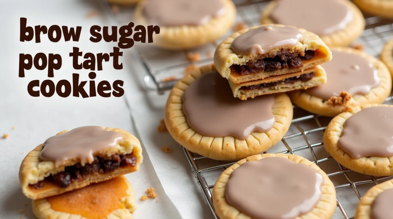 Golden-brown Brown Sugar Pop Tart Cookies, drizzled with vanilla glaze and sprinkled with cinnamon sugar, served on a rustic wooden plate with a cozy cottagecore aesthetic.
