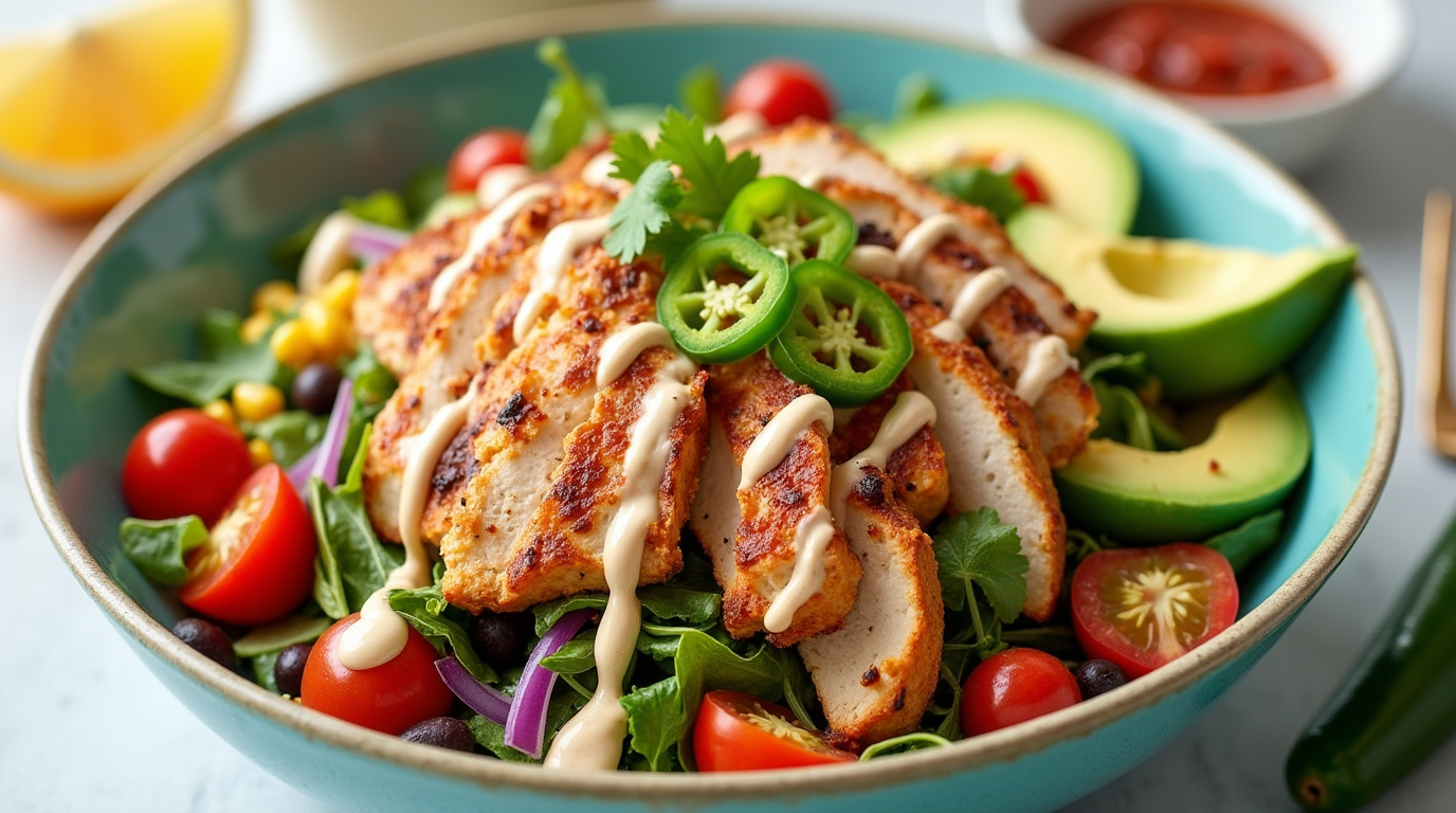 A vibrant Spicy Southwest Chicken Salad with grilled chicken, crisp romaine lettuce, black beans, corn, cherry tomatoes, avocado slices, and a creamy chipotle dressing, garnished with cilantro and lime wedges.