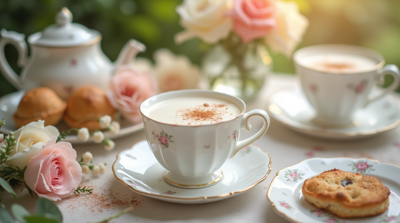 A warm cup of Royal Milk Tea, rich and creamy with a smooth frothy top, served in an elegant porcelain teacup with a gold rim, placed on a wooden tray with a side of biscuits and a tea spoon.