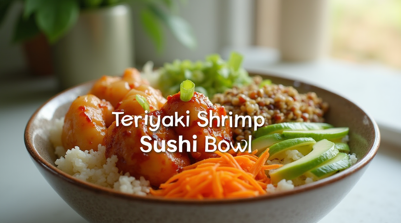 A colorful Teriyaki Shrimp Sushi Bowl with shrimp glazed in teriyaki sauce, fresh avocado slices, cucumber, shredded carrots, and sushi rice, garnished with sesame seeds and green onions.