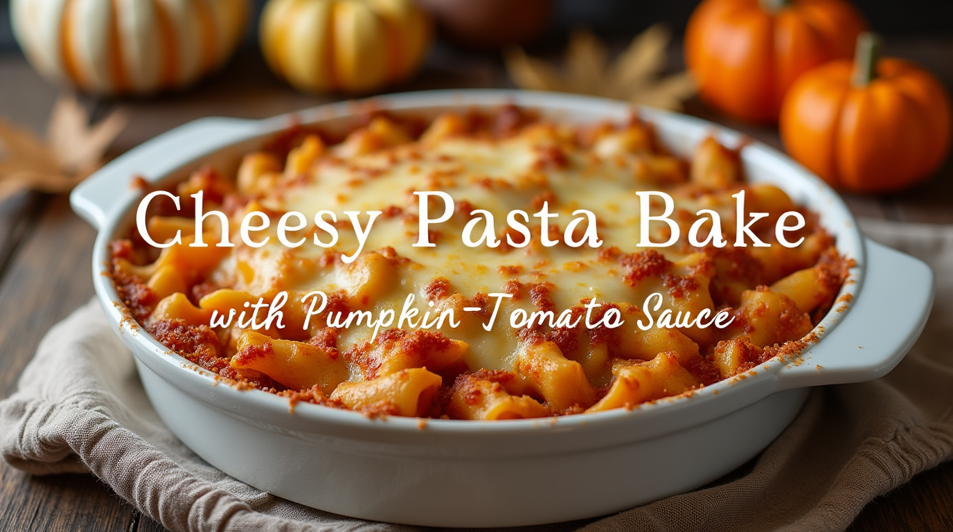 A cheesy pasta bake in a casserole dish with golden, bubbly cheese on top, featuring a rich pumpkin-tomato sauce and garnished with fresh herbs.