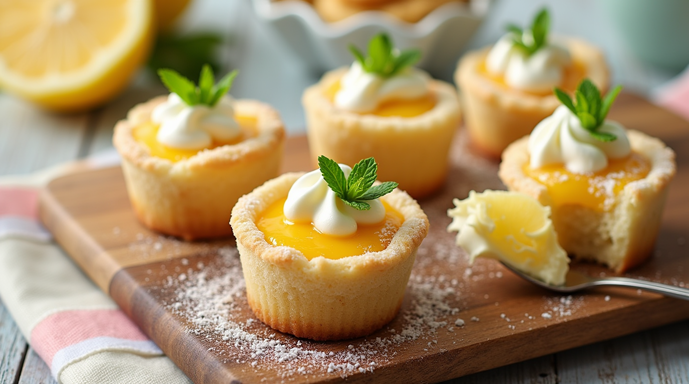 Delicious lemon sugar cookie cups filled with creamy pie filling, topped with a fresh lemon slice.