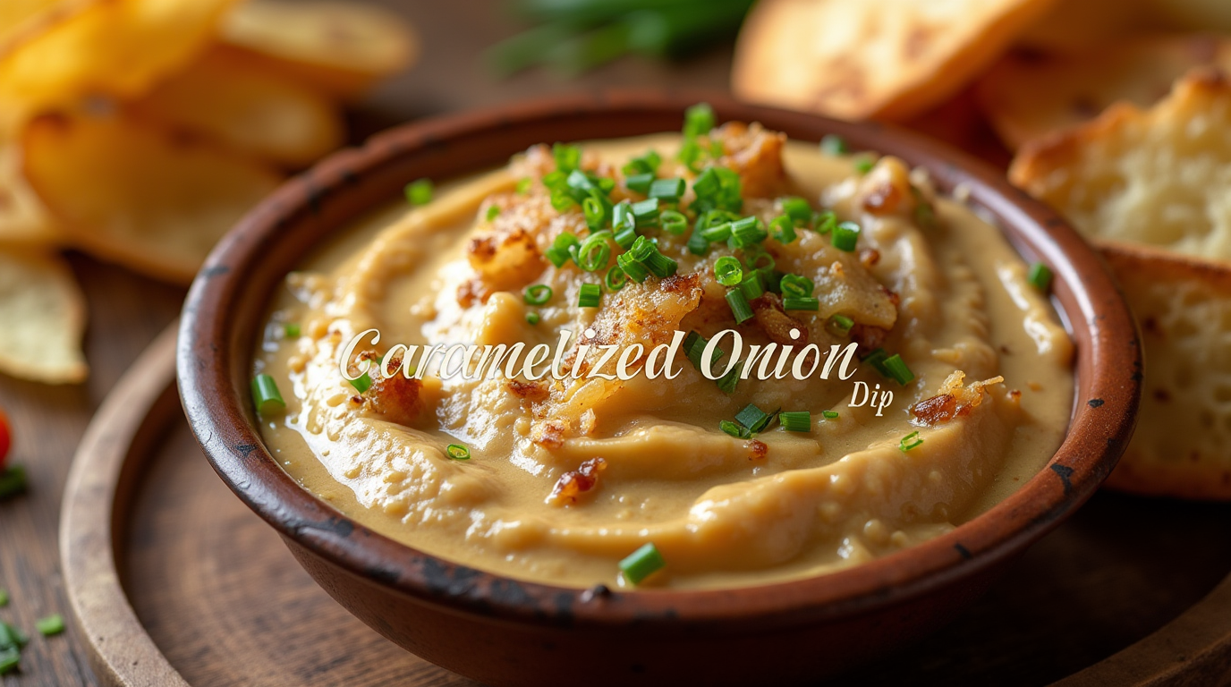 A creamy caramelized onion dip served in a rustic bowl, garnished with fresh chives, and accompanied by crispy potato chips and fresh vegetable sticks.