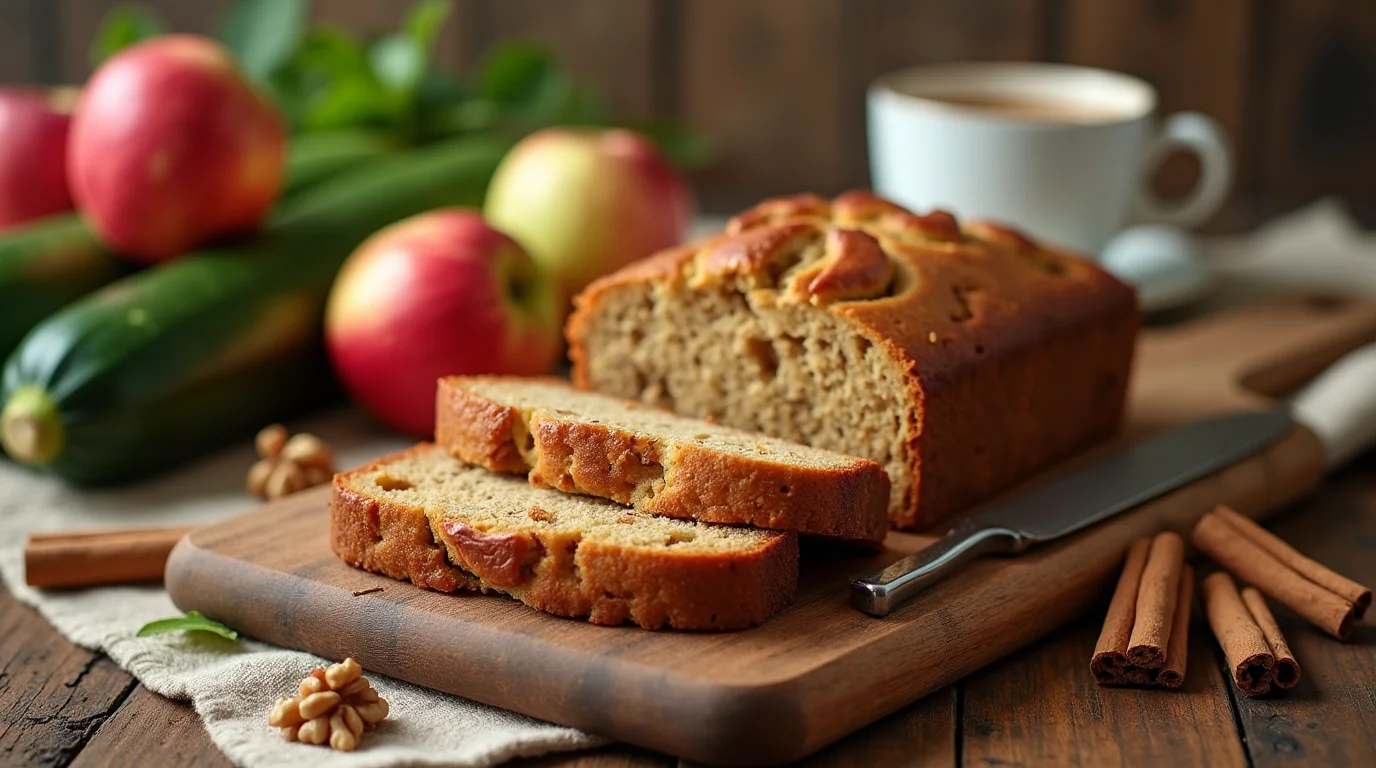 A freshly baked loaf of Apple Zucchini Bread, with visible pieces of apple and zucchini, golden-brown crust, and a light crumb texture.