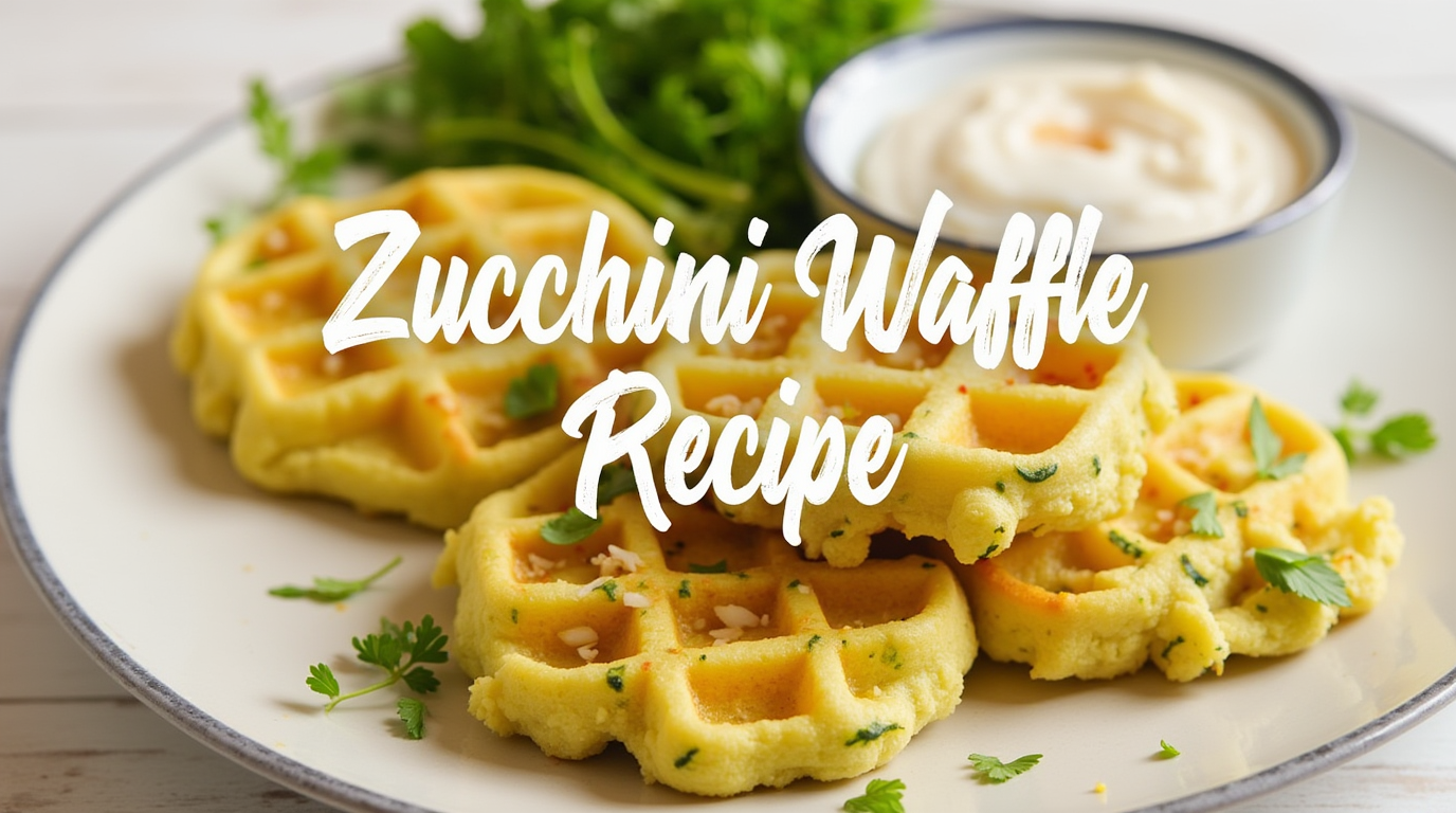 A stack of golden-brown zucchini waffles with crispy edges, served with a dollop of sour cream and fresh herbs.