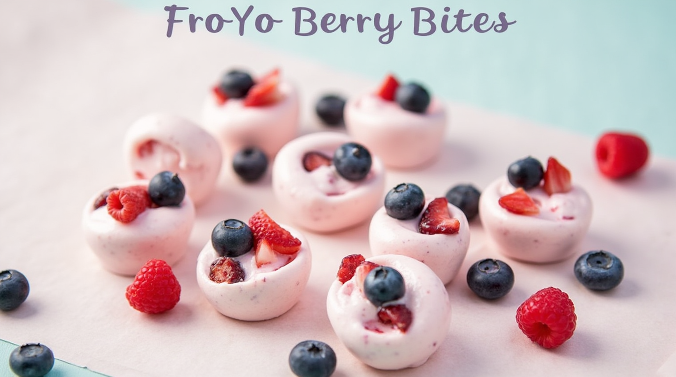 A plate of frozen yogurt berry bites topped with fresh strawberries, blueberries, and raspberries. Each bite-sized treat has a creamy yogurt base with vibrant, juicy berries.