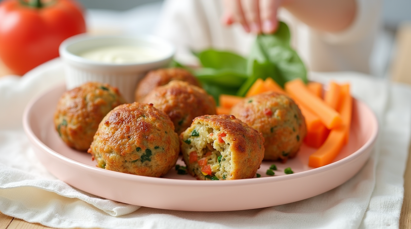 plate of bite-sized meatballs made with hidden vegetables, served with a side of dipping sauce, perfect for toddlers.