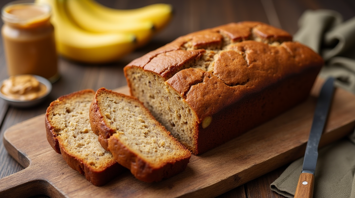 Moist and golden Peanut Butter Banana Bread sliced and served on a wooden cutting board with a spread of peanut butter on top.