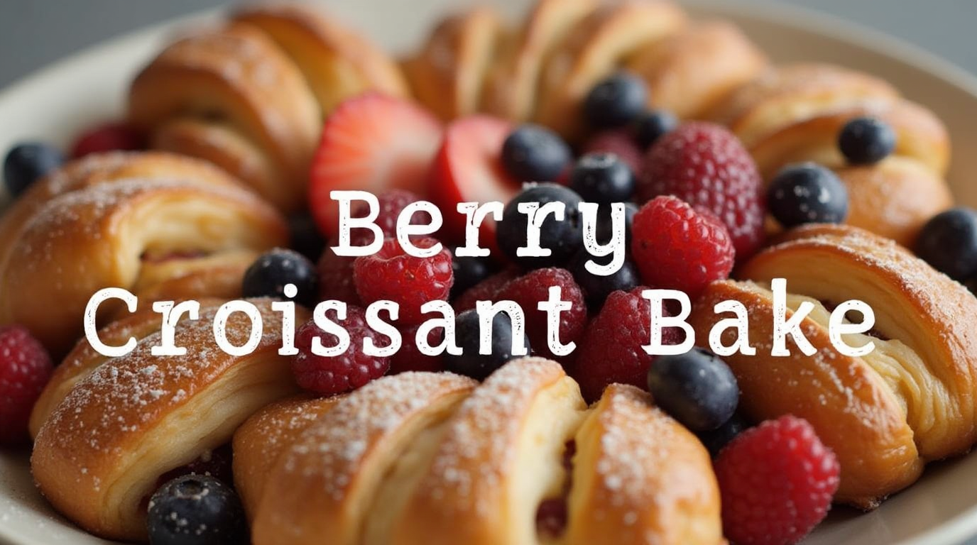 A golden-brown berry croissant bake in a white baking dish, topped with fresh blueberries, raspberries, and a dusting of powdered sugar.