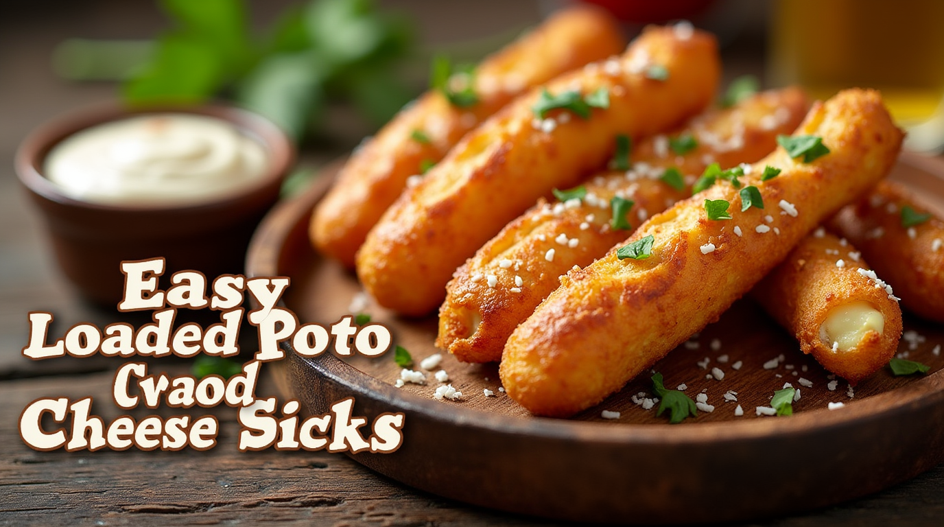Crispy, golden-brown loaded potato and cheese sticks, filled with melted cheese and seasoned potatoes, served with a side of dipping sauce.