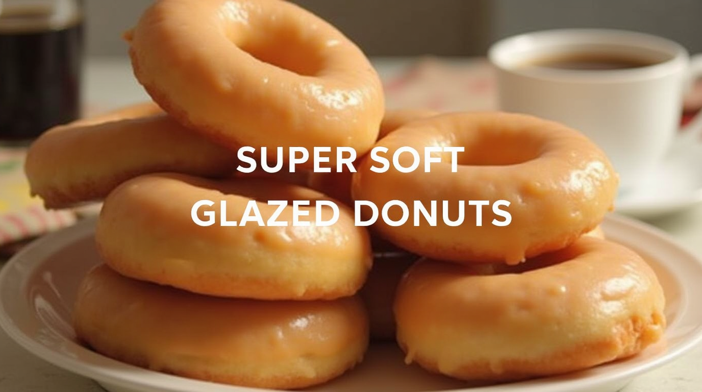 A stack of super soft glazed donuts with a shiny, sweet glaze, placed on a white plate with a few donuts in the background.