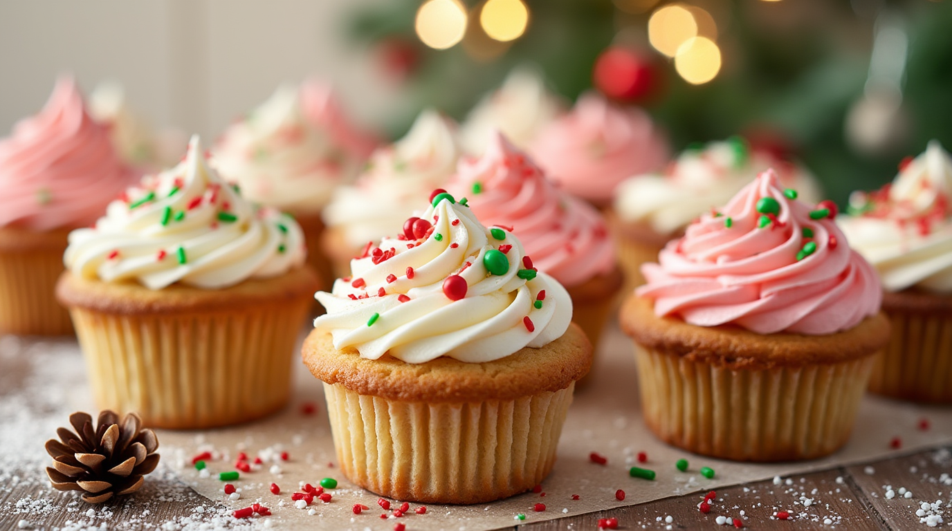 A festive display of holiday sugar cookie cups, filled with creamy frosting and topped with colorful sprinkles, served on a white platter with holiday decorations in the background.