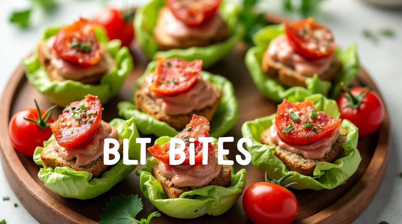 A plate of BLT Bites appetizers featuring crispy bacon, fresh lettuce, and juicy cherry tomatoes on toasted bread rounds, garnished with a light drizzle of mayo and fresh herbs.