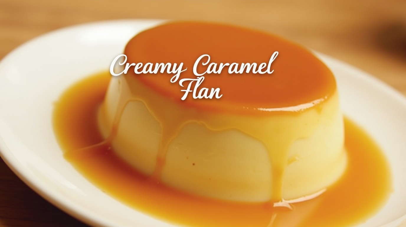 A smooth and creamy caramel flan with a golden caramel glaze, served on a white plate.