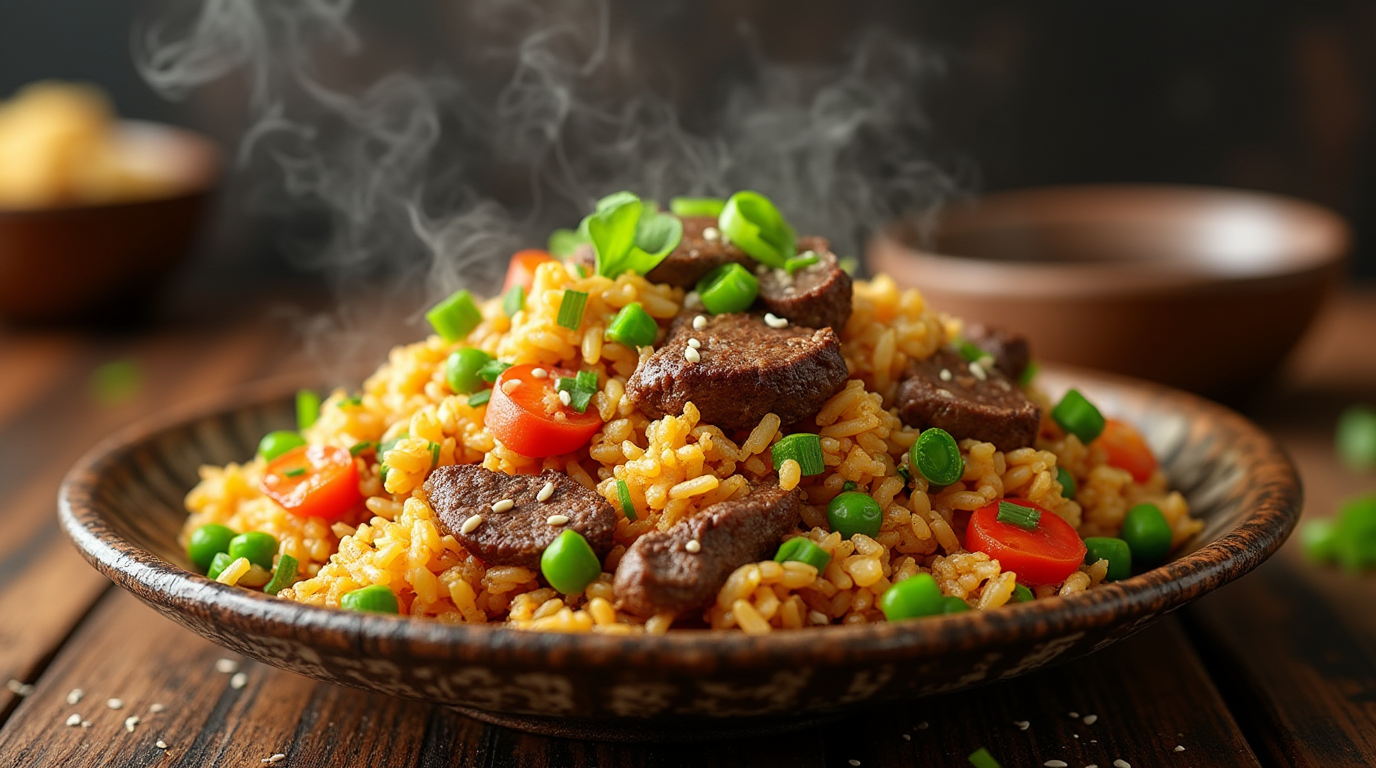 A colorful plate of Easy Beef Fried Rice with tender beef, scrambled eggs, peas, and carrots, all mixed with flavorful soy sauce and served in a bowl.