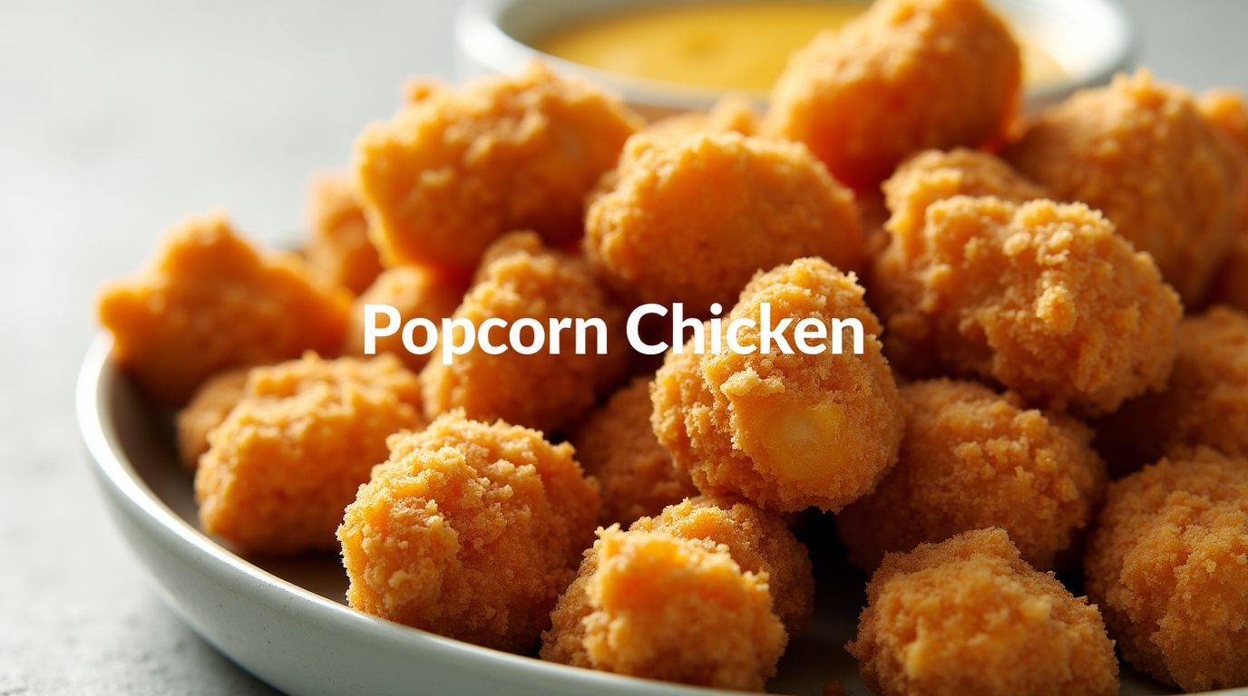 A plate of Weight Watchers Popcorn Chicken made in the air fryer, featuring crispy, golden-brown bite-sized chicken pieces, garnished with fresh herbs and served with a side of dipping sauce.