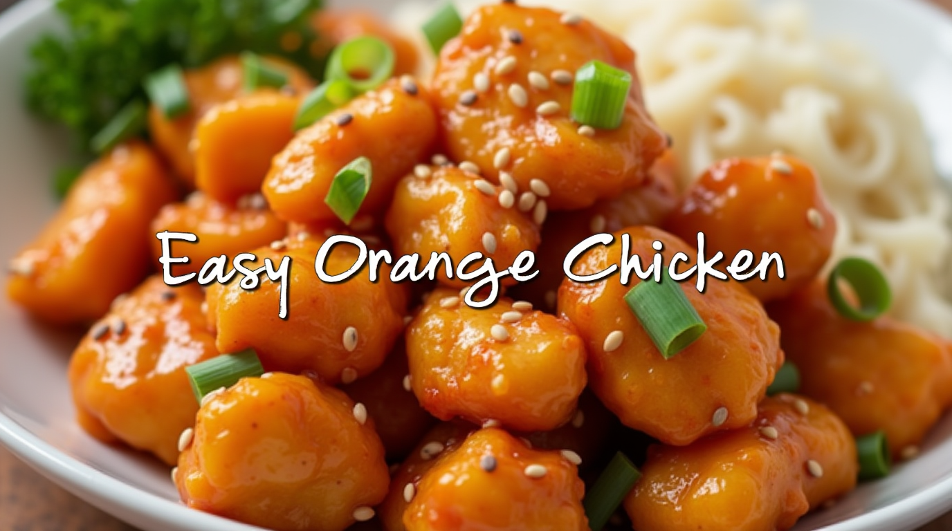 A plate of Easy Orange Chicken featuring crispy, golden-brown chicken pieces coated in a glossy, sweet, and tangy orange sauce, garnished with sesame seeds and green onions, served with white rice.