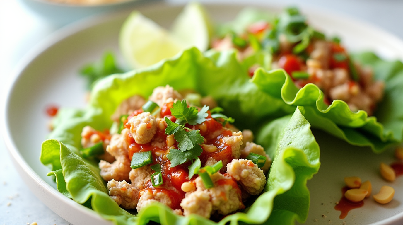 Close-up of a Savory Chicken Lettuce Wrap with seasoned chicken, fresh vegetables, and a drizzle of sauce, wrapped in crisp lettuce leaves.