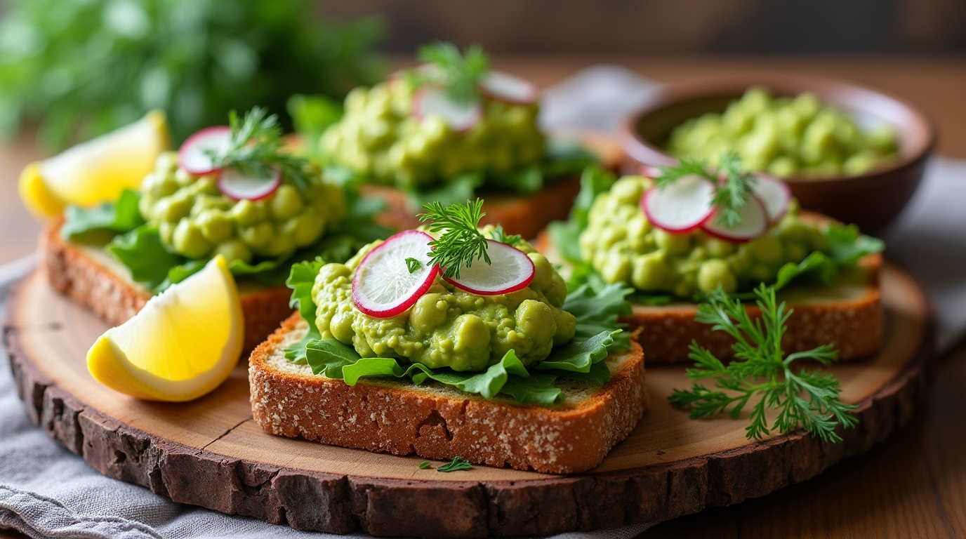 A freshly made Smashed Chickpea + Avocado Sandwich served on whole-grain bread, filled with a creamy chickpea and avocado mash, garnished with fresh lettuce, radishes, and dill. The sandwich is placed on a rustic wooden board with a side of lemon wedges and extra chickpea-avocado filling in a small bowl.