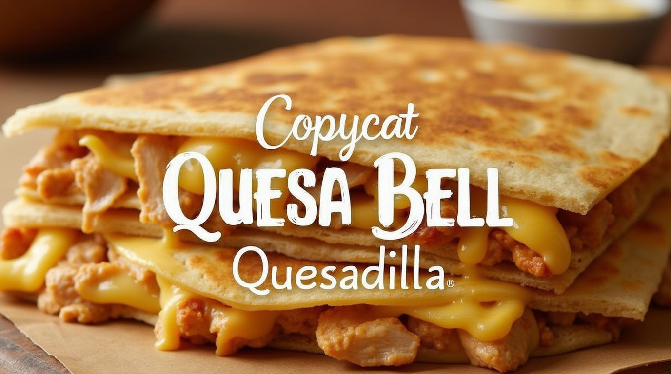 A golden, cheesy copycat Taco Bell quesadilla sliced into triangles, filled with melty cheese, grilled chicken, and creamy jalapeño sauce, served with a side of dipping sauce.