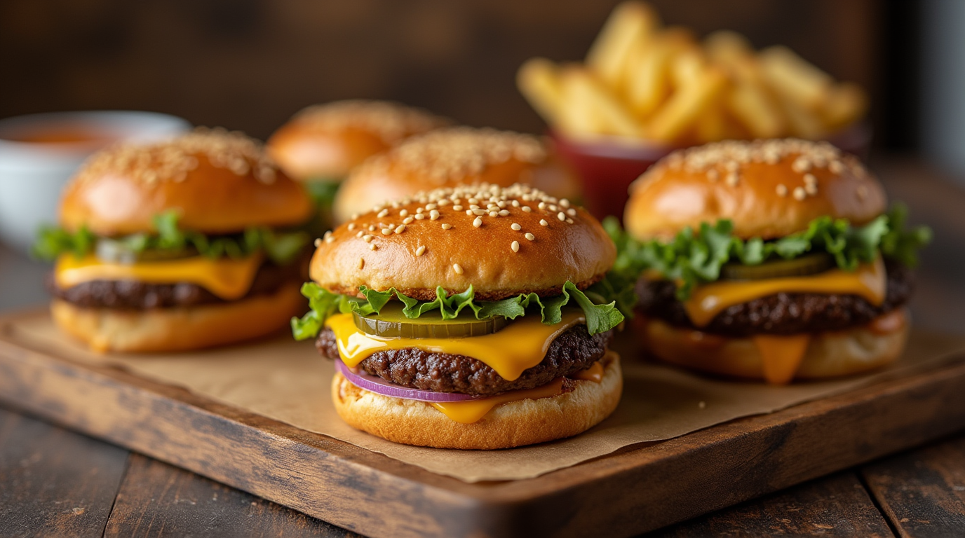 A plate of delicious mini Big Mac sliders with layers of beef patties, cheese, lettuce, pickles, and special sauce, all nestled between soft slider buns.