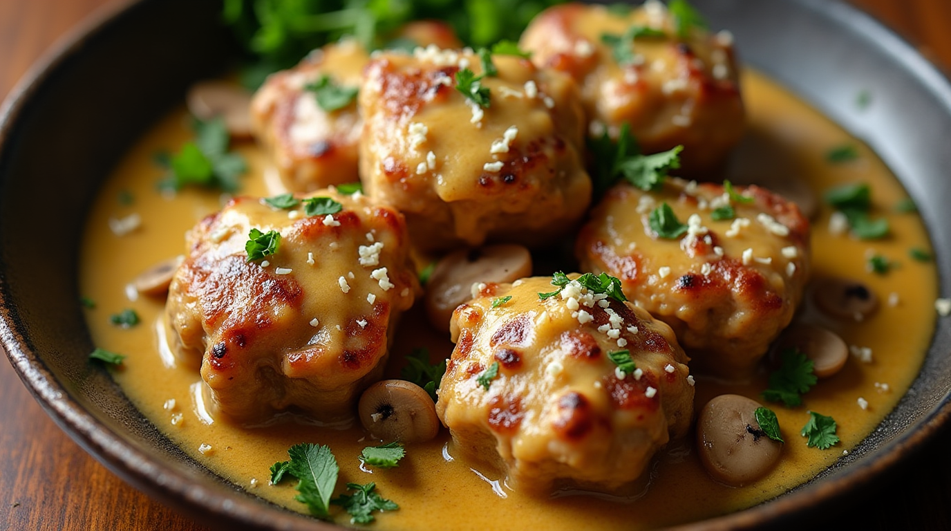 A plate of tender, pan-seared garlic butter steak bites smothered in a rich Parmesan cream sauce, garnished with fresh parsley and served with sautéed mushrooms.