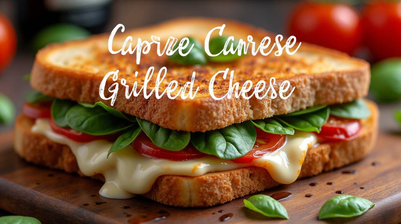 A delicious Caprese grilled cheese sandwich with melted mozzarella, fresh basil, and juicy tomatoes on golden, toasted bread.