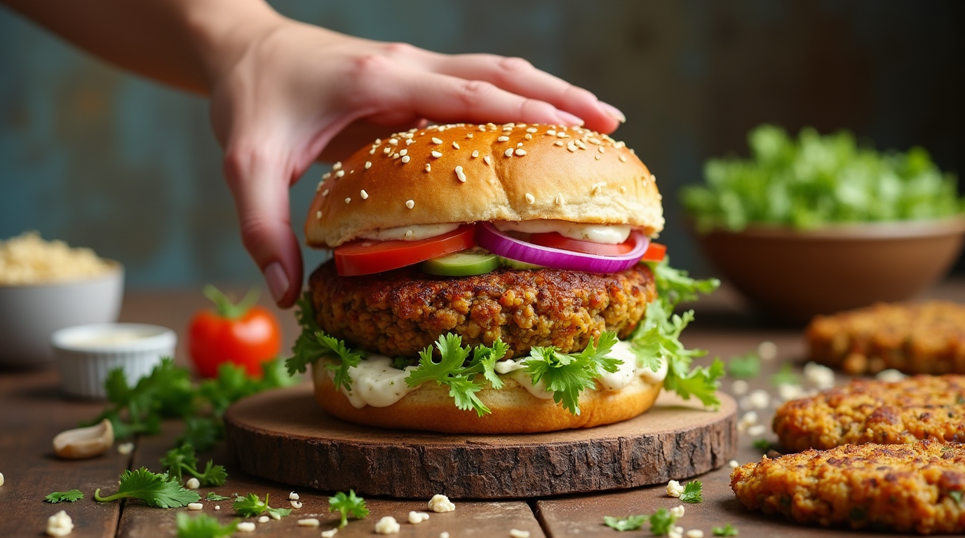 A stack of golden-brown, crispy Easy Lentil Burgers served on a plate with fresh lettuce, tomato slices, and a toasted bun, garnished with a dollop of sauce.