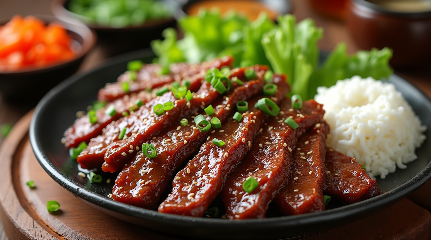 A plate of Traditional Korean Beef Bulgogi, featuring thinly sliced marinated beef, caramelized to perfection, garnished with sesame seeds and green onions, served with steamed rice and kimchi on a rustic wooden table.