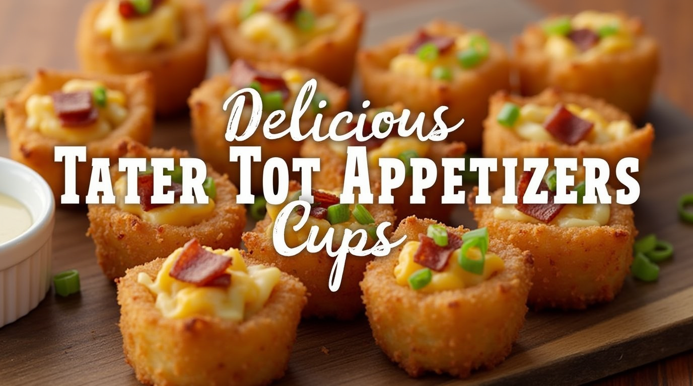Golden-brown tater tot appetizer cups filled with melted cheese, crispy bacon bits, and fresh green onions, served on a white plate.