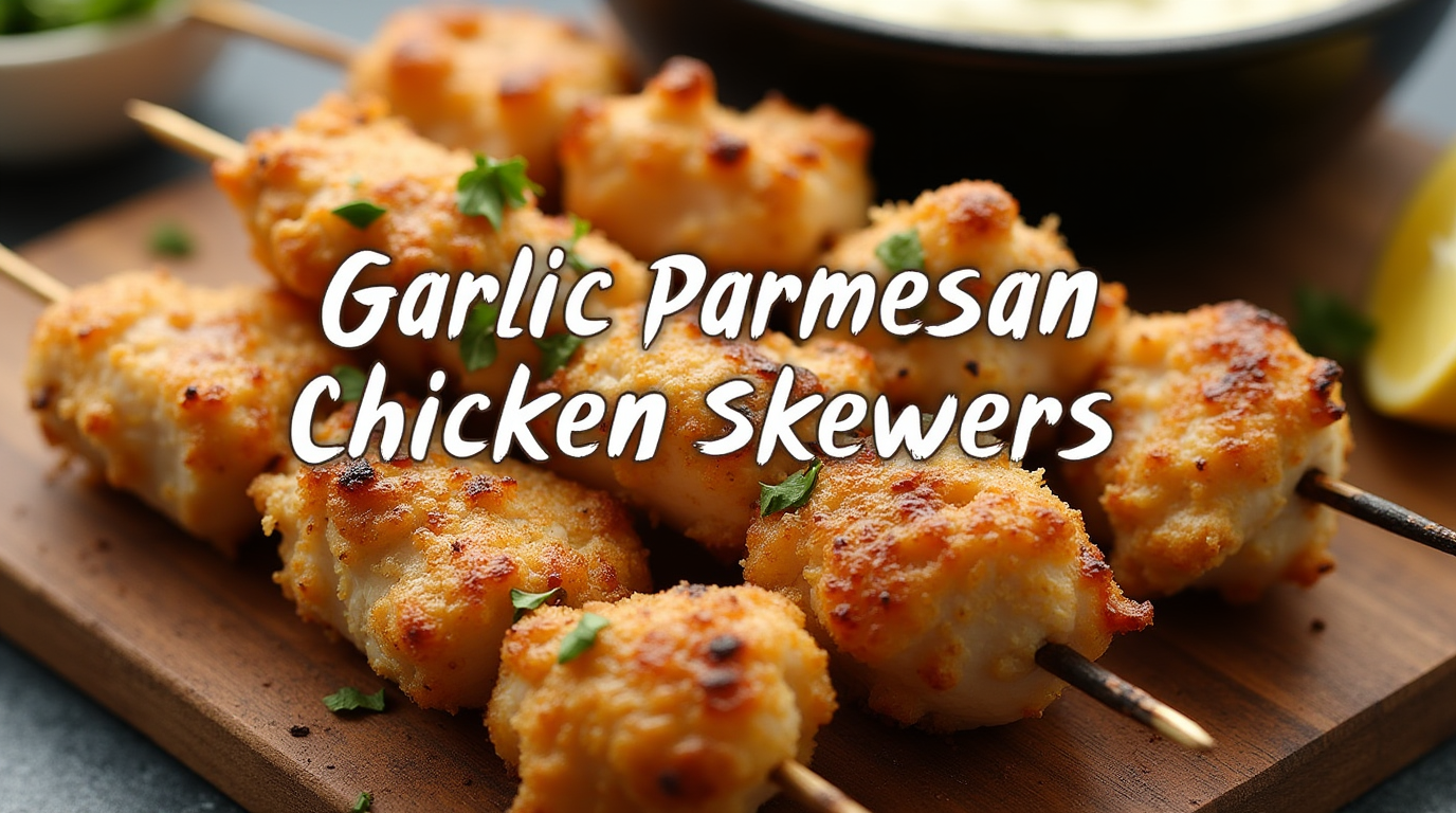 Juicy grilled garlic parmesan chicken skewers coated in a buttery garlic sauce and topped with grated Parmesan cheese, served on a rustic wooden board with fresh herbs and a side of dipping sauce.
