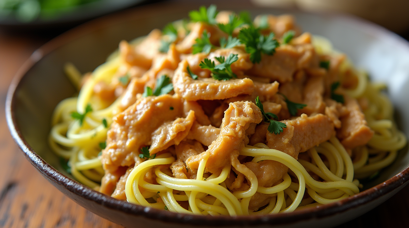 Delicious keto-friendly chicken noodles served in a bowl with fresh herbs.