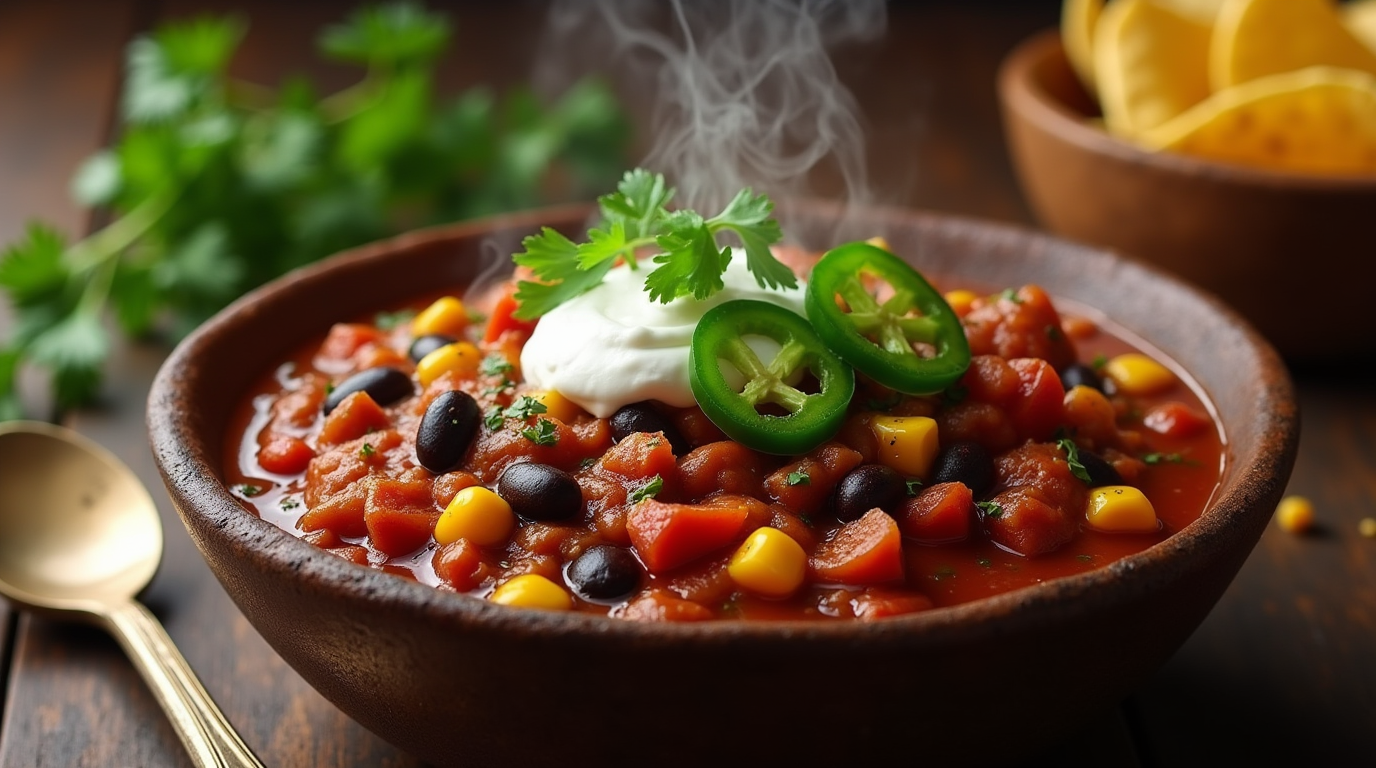 A bowl of hearty meatless chili filled with beans, tomatoes, and vegetables, topped with fresh cilantro, diced avocado, and a dollop of dairy-free sour cream. Served with a side of crusty bread or tortilla chips.
