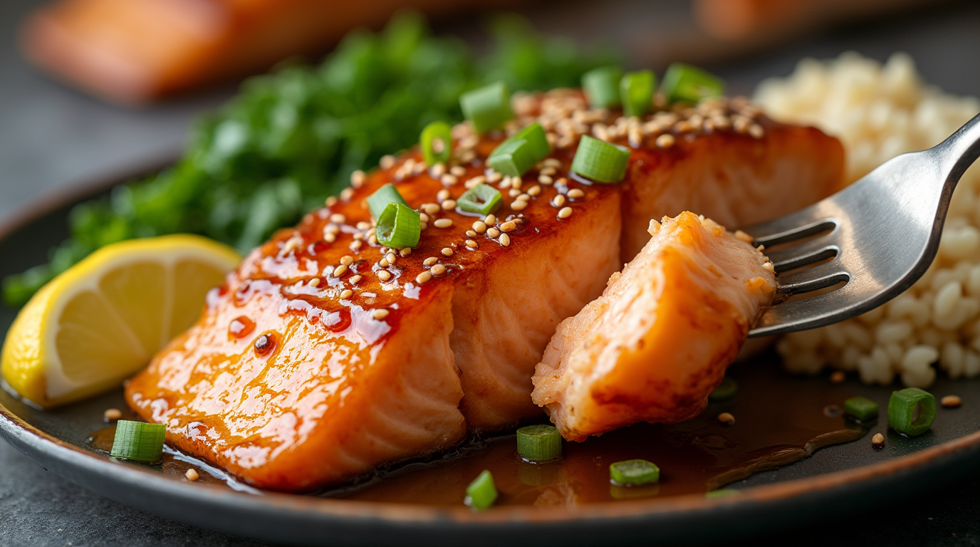 A perfectly cooked salmon fillet glazed with a golden honey sauce, garnished with fresh herbs and served with a side of roasted vegetables.