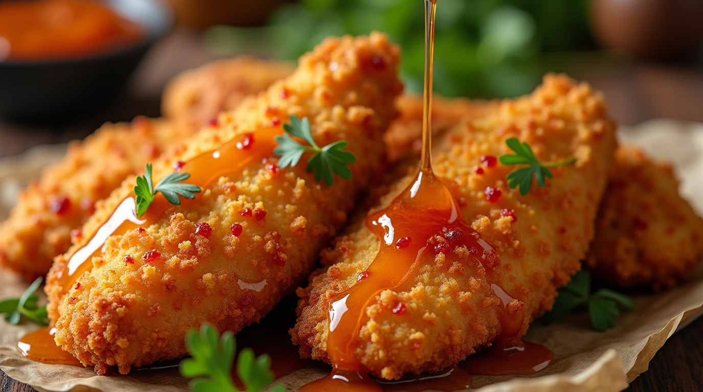 Golden, crispy Baked Crunchy Hot Honey Chicken coated in a crunchy panko crust, drizzled with a sweet and spicy hot honey glaze, garnished with red pepper flakes and fresh parsley, served on a rustic wooden plate.